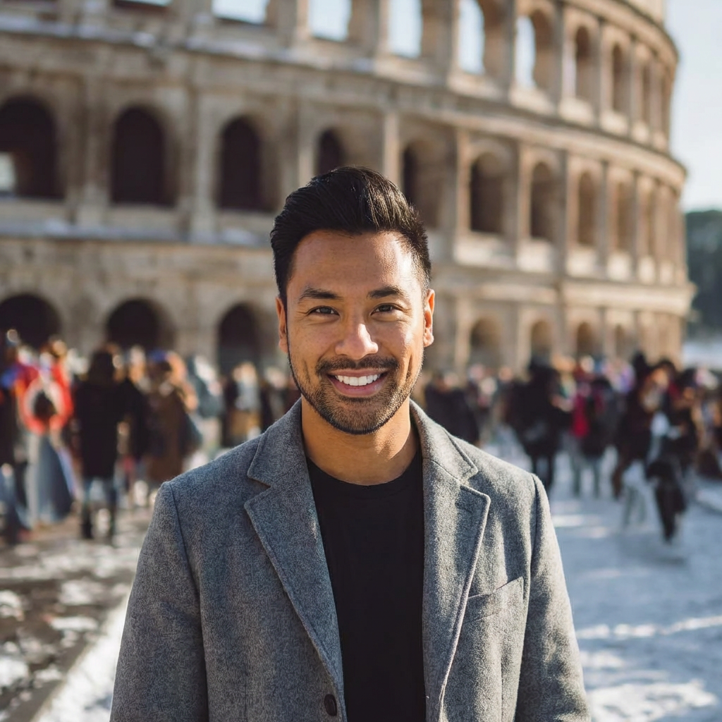 Smiling Traveler at Roman Colosseum